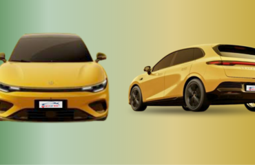 Leapmotor, B05 Berlina elettrica, visione frontale e posteriore, colore giallo.