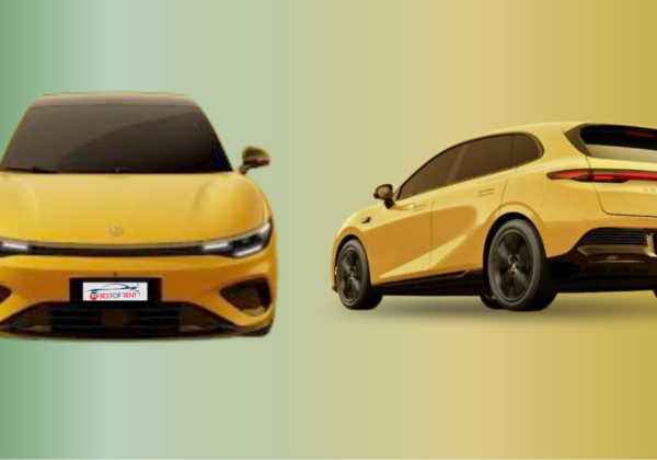 Leapmotor, B05 Berlina elettrica, visione frontale e posteriore, colore giallo.