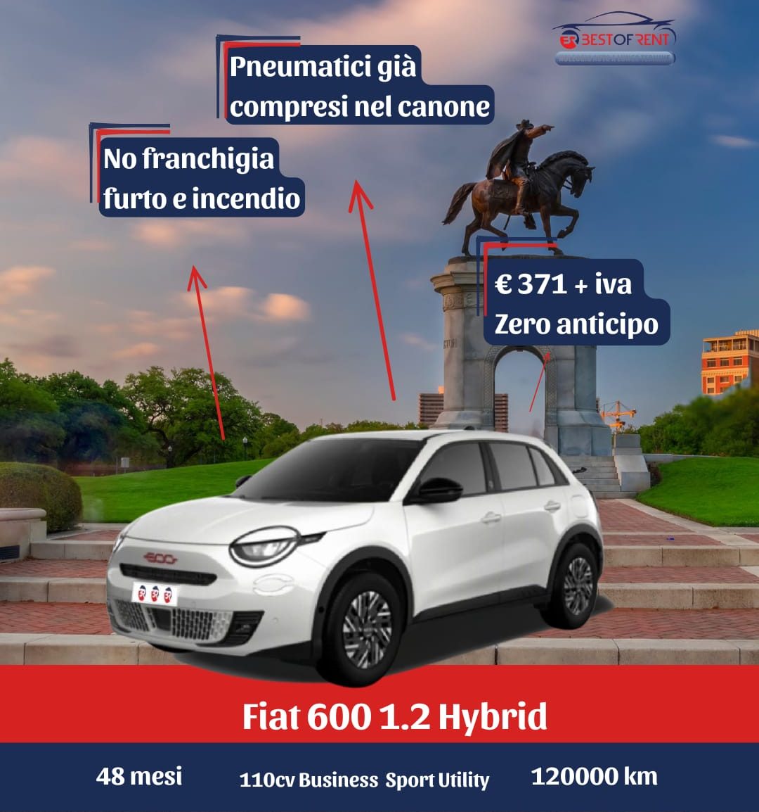Vista laterale della Fiat 600 1.2 Hybrid – offerta noleggio a lungo termine privati