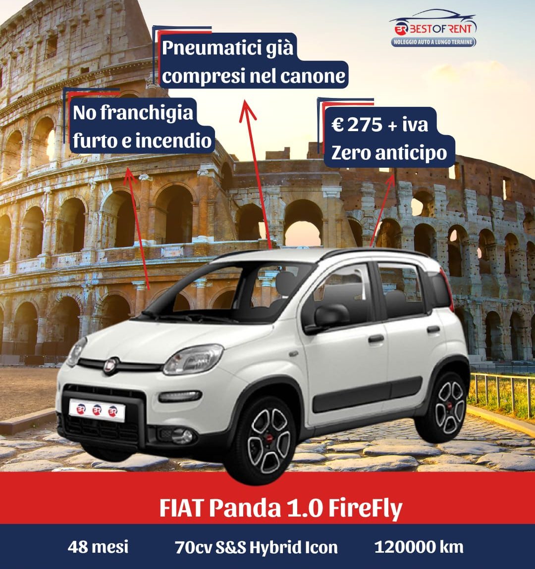 Vista laterale della Fiat Panda 1.0 Firefly – offerta noleggio a lungo termine privati