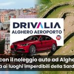 Noleggio Auto ad Alghero Aeroporto - Sfondo con luoghi imperdibili - Auto Rossa - Logo Drivalia/Best of Rent