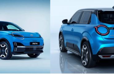 Citycar elettrica, Nissan Micra, visione laterale e posteriore, colore blu elettrico.