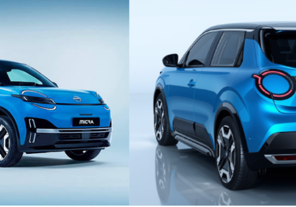 Citycar elettrica, Nissan Micra, visione laterale e posteriore, colore blu elettrico.