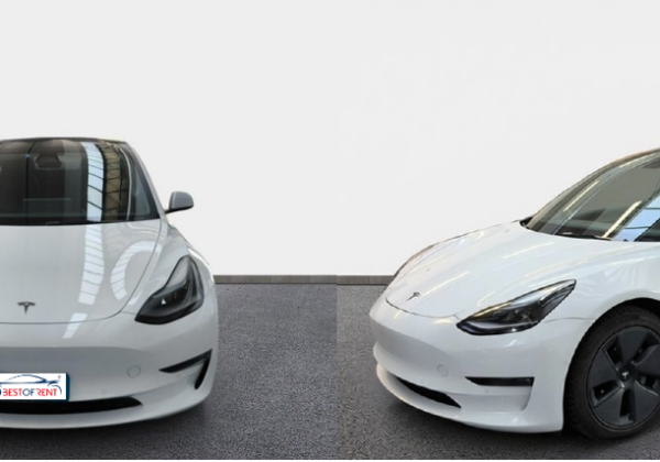 TESLA MODEL 3 colore bianco, visione frontale e laterale.