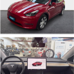 TESLA MODEL Y di colore rosso, visone dall'esterno frontalmente e visione interna sul volante.