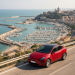 auto rossa che costeggia il litorale