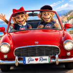 grafica stile cartoon con due scimmiette antropomorfizzate dal nome Romeo e Giulietta, su un'auto decappottabile rossa.