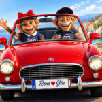 grafica stile cartoon con due scimmiette antropomorfizzate dal nome Romeo e Giulietta, su un'auto decappottabile rossa.