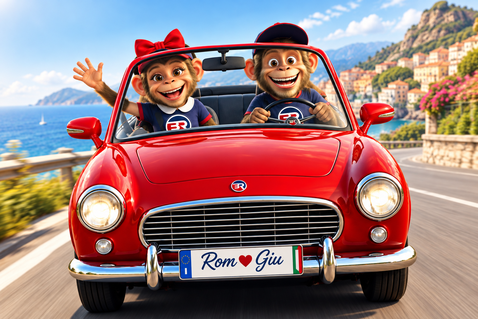 grafica per articolo sulla targa personalizzata per Best of Rent grafica stile cartoon con due scimmiette antropomorfizzate dal nome Romeo e Giulietta, su un'auto decappottabile rossa.
