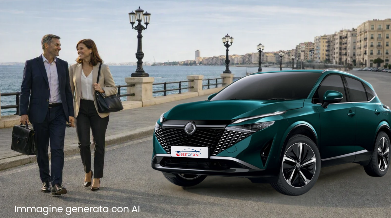 lungomare barese con una coppia di professionisti e un'auto al loro fianco parcheggiata.